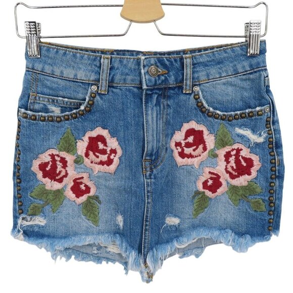 Free People Wild Rose 24 Emrboidered Floral Studded Raw Hem Denim Jean Skirt - Picture 1 of 10